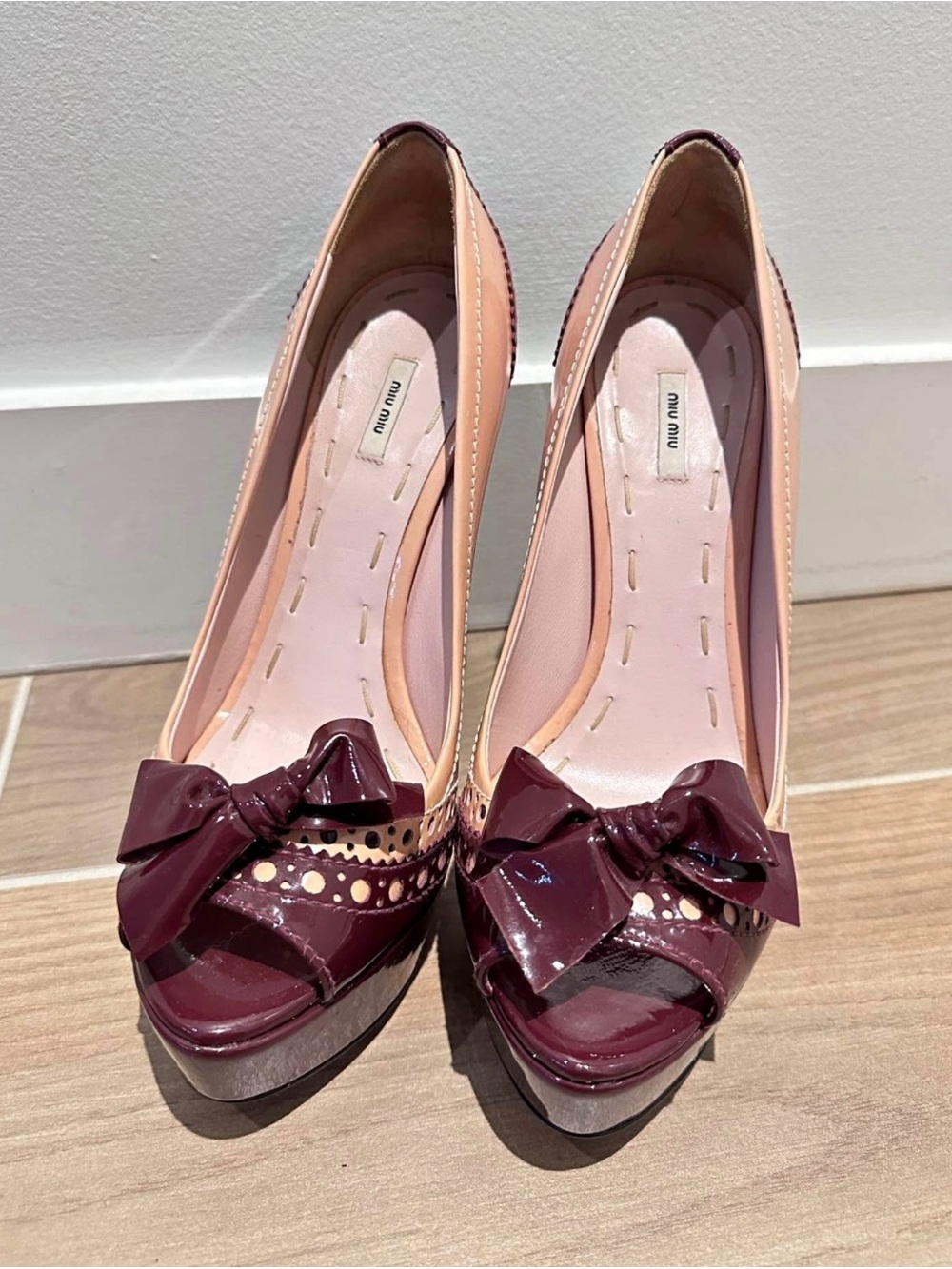 Miu Miu Two-Tone Pink and Burgundy Peep-Toe Bow Pumps